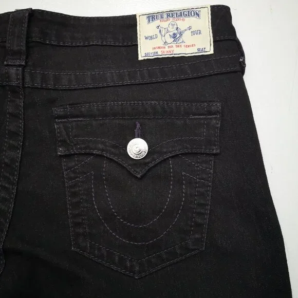 True Religion Ladies Size 31 Black World Tour Skinny Jeans w/ Purple Stitching - Picture 9 of 13